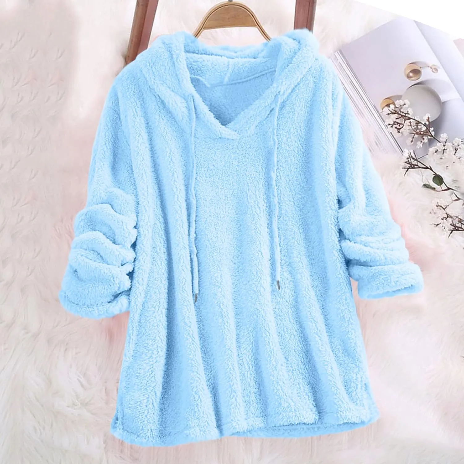 Women Sherpa Fleece Hoodies Oversized Sweatshirts Long Sleeve Drawstring Pullover Winter Soft Comfy Fuzzy Pajama Tops