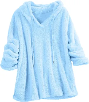 Women Sherpa Fleece Hoodies Oversized Sweatshirts Long Sleeve Drawstring Pullover Winter Soft Comfy Fuzzy Pajama Tops