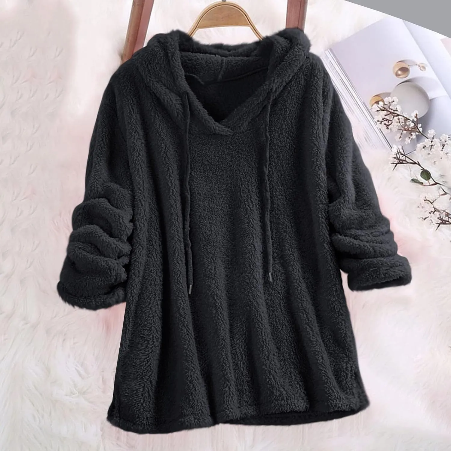 Women Sherpa Fleece Hoodies Oversized Sweatshirts Long Sleeve Drawstring Pullover Winter Soft Comfy Fuzzy Pajama Tops