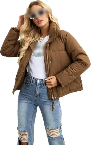 Women Short Winter Parkas Coat Loose Standing Collar Cotton Padded Jacket Loose Zip Bread Coat Basic Coat
