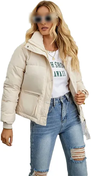 Women Short Winter Parkas Coat Loose Standing Collar Cotton Padded Jacket Loose Zip Bread Coat Basic Coat