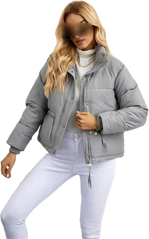 Women Short Winter Parkas Coat Loose Standing Collar Cotton Padded Jacket Loose Zip Bread Coat Basic Coat