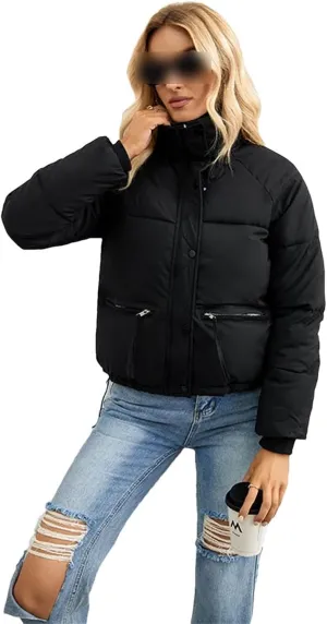 Women Short Winter Parkas Coat Loose Standing Collar Cotton Padded Jacket Loose Zip Bread Coat Basic Coat