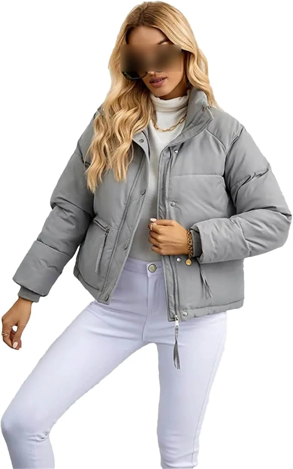 Women Short Winter Parkas Coat Loose Standing Collar Cotton Padded Jacket Loose Zip Bread Coat Basic Coat