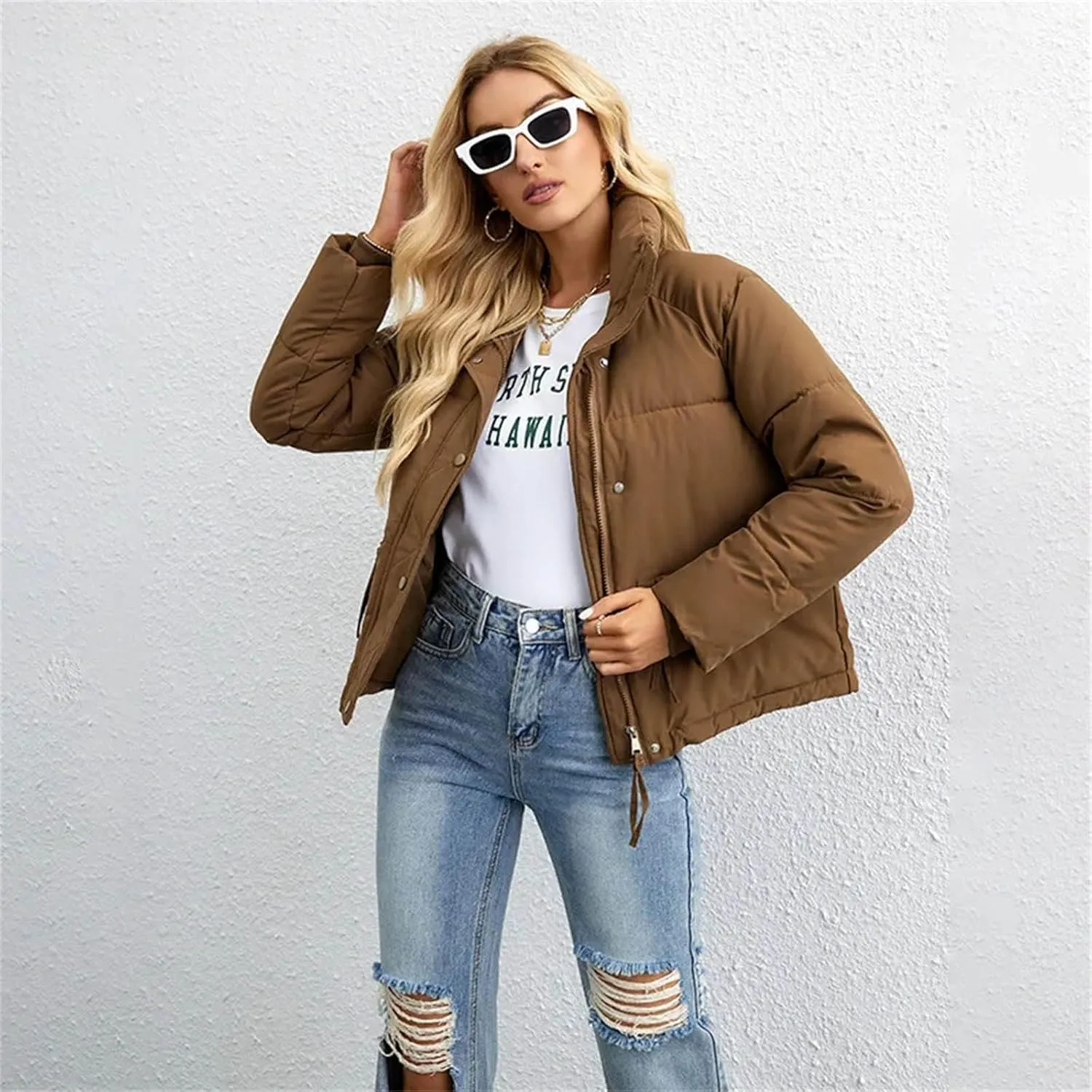 Women Short Winter Parkas Coat Loose Standing Collar Cotton Padded Jacket Loose Zip Bread Coat Basic Coat