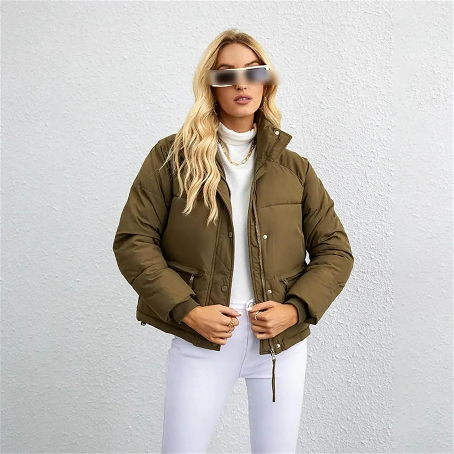 Women Short Winter Parkas Coat Loose Standing Collar Cotton Padded Jacket Loose Zip Bread Coat Basic Coat