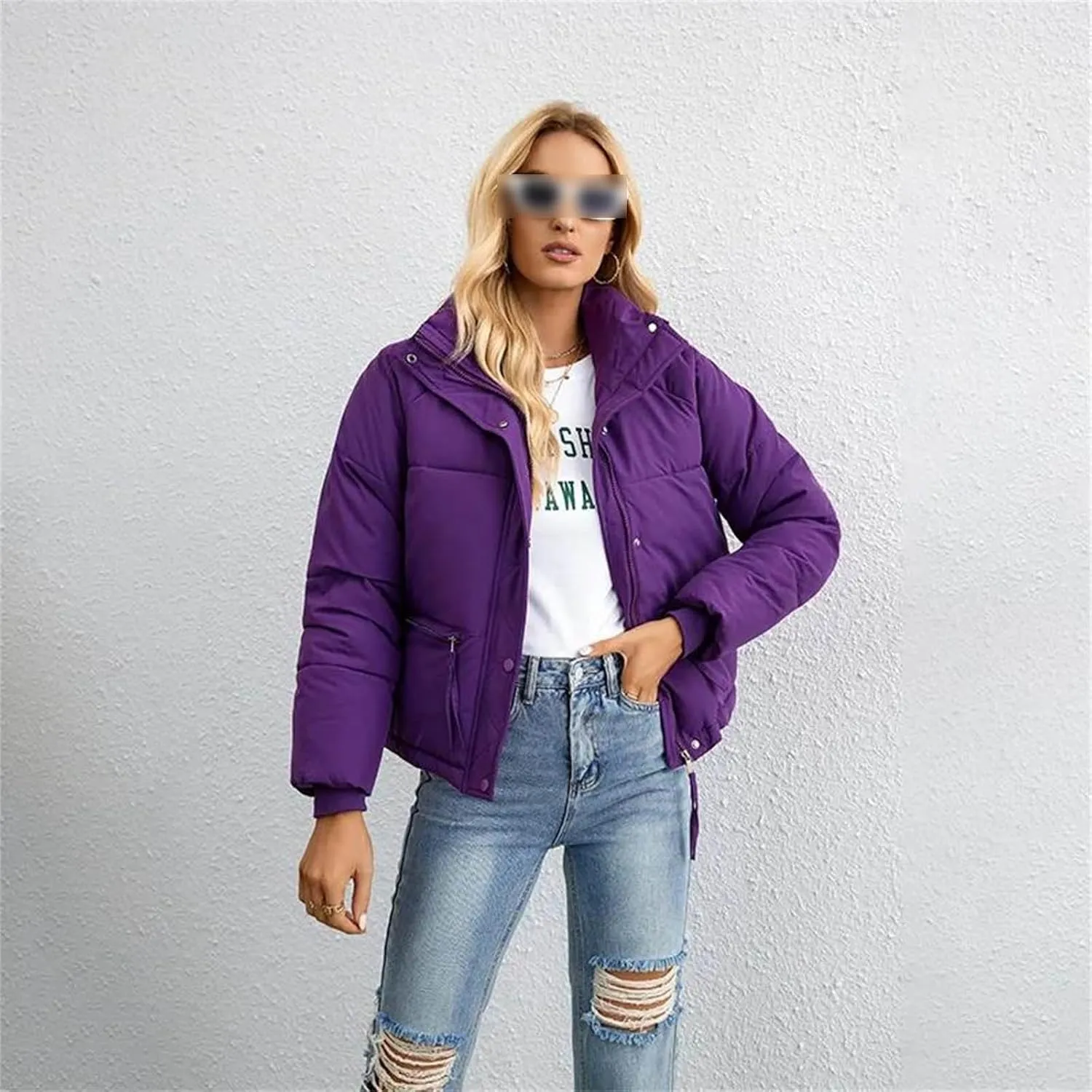 Women Short Winter Parkas Coat Loose Standing Collar Cotton Padded Jacket Loose Zip Bread Coat Basic Coat