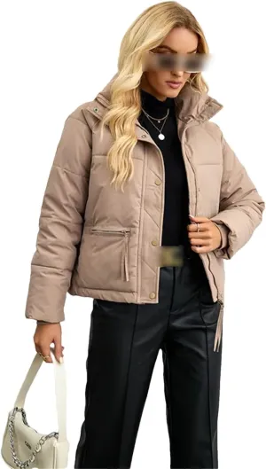 Women Short Winter Parkas Coat Loose Standing Collar Cotton Padded Jacket Loose Zip Bread Coat Basic Coat