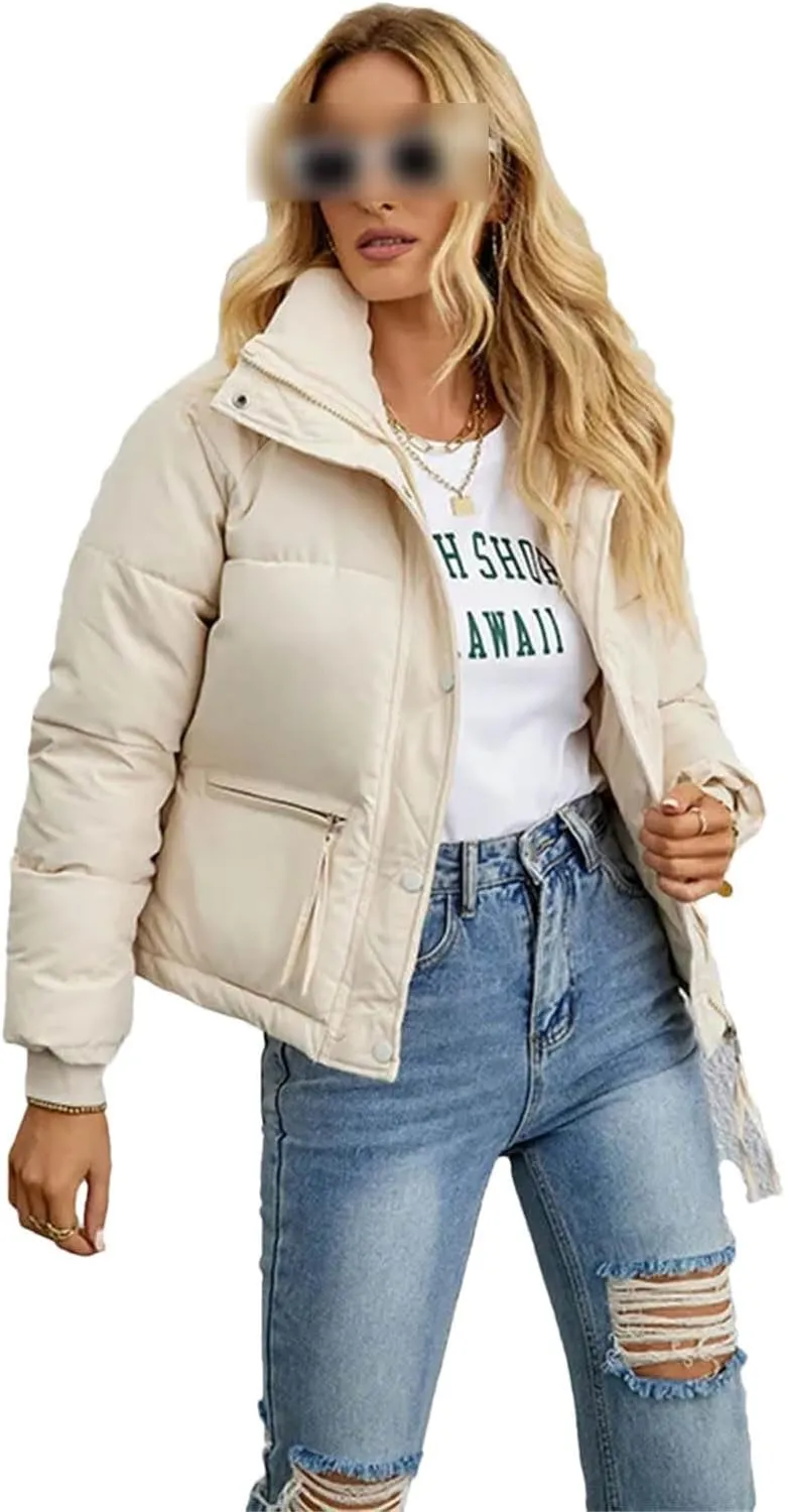 Women Short Winter Parkas Coat Loose Standing Collar Cotton Padded Jacket Loose Zip Bread Coat Basic Coat