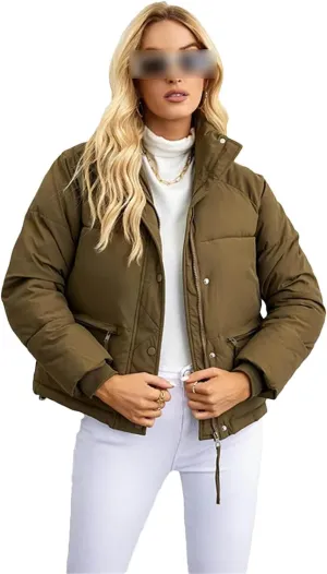 Women Short Winter Parkas Coat Loose Standing Collar Cotton Padded Jacket Loose Zip Bread Coat Basic Coat