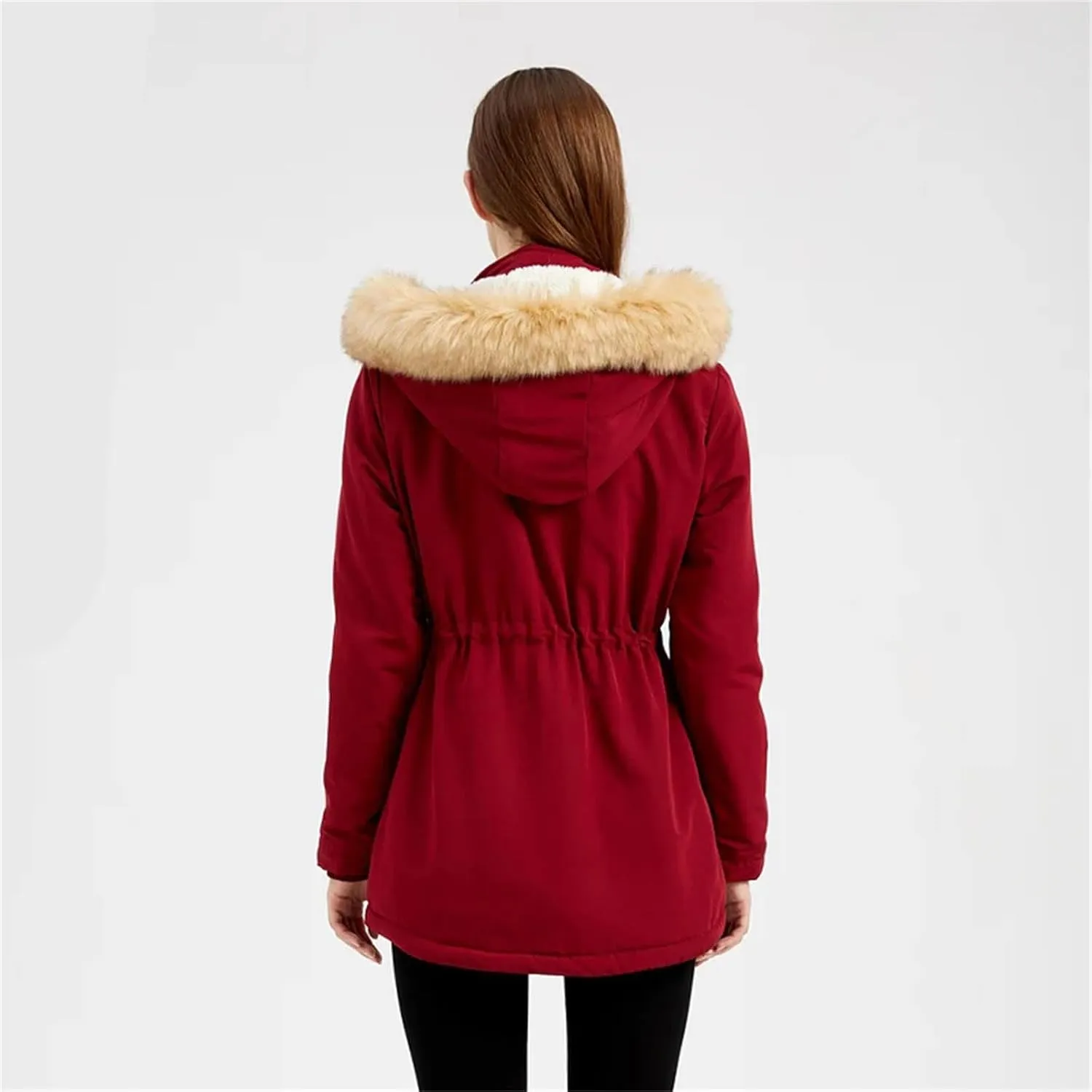 Women Winter Windproof Long Thick Parkas Coat Fluffy Faux Fur Hood With Fleece Outdoor Warm Padded Cotton