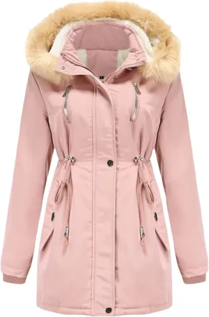 Women Winter Windproof Long Thick Parkas Coat Fluffy Faux Fur Hood With Fleece Outdoor Warm Padded Cotton