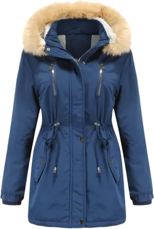 Women Winter Windproof Long Thick Parkas Coat Fluffy Faux Fur Hood With Fleece Outdoor Warm Padded Cotton