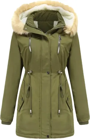 Women Winter Windproof Long Thick Parkas Coat Fluffy Faux Fur Hood With Fleece Outdoor Warm Padded Cotton