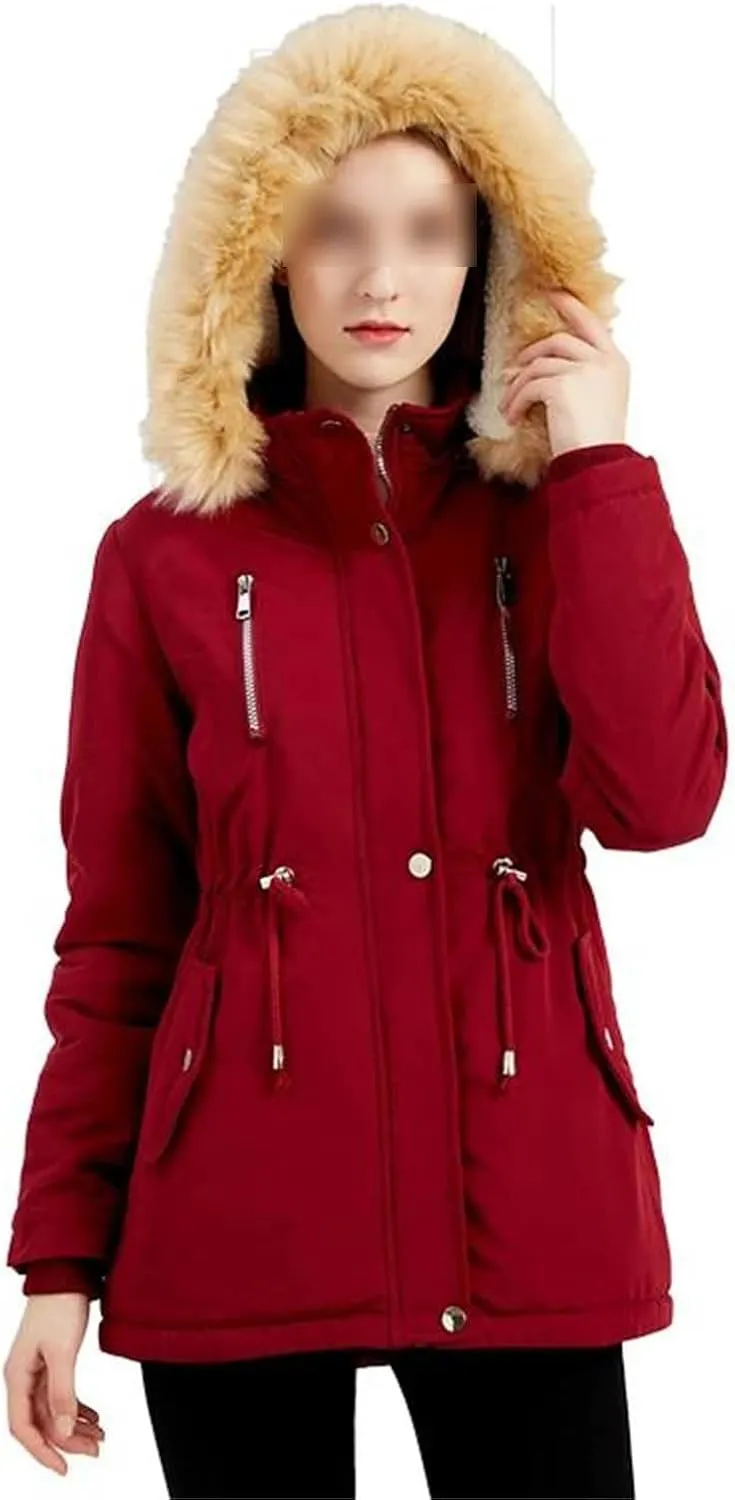 Women Winter Windproof Long Thick Parkas Coat Fluffy Faux Fur Hood With Fleece Outdoor Warm Padded Cotton