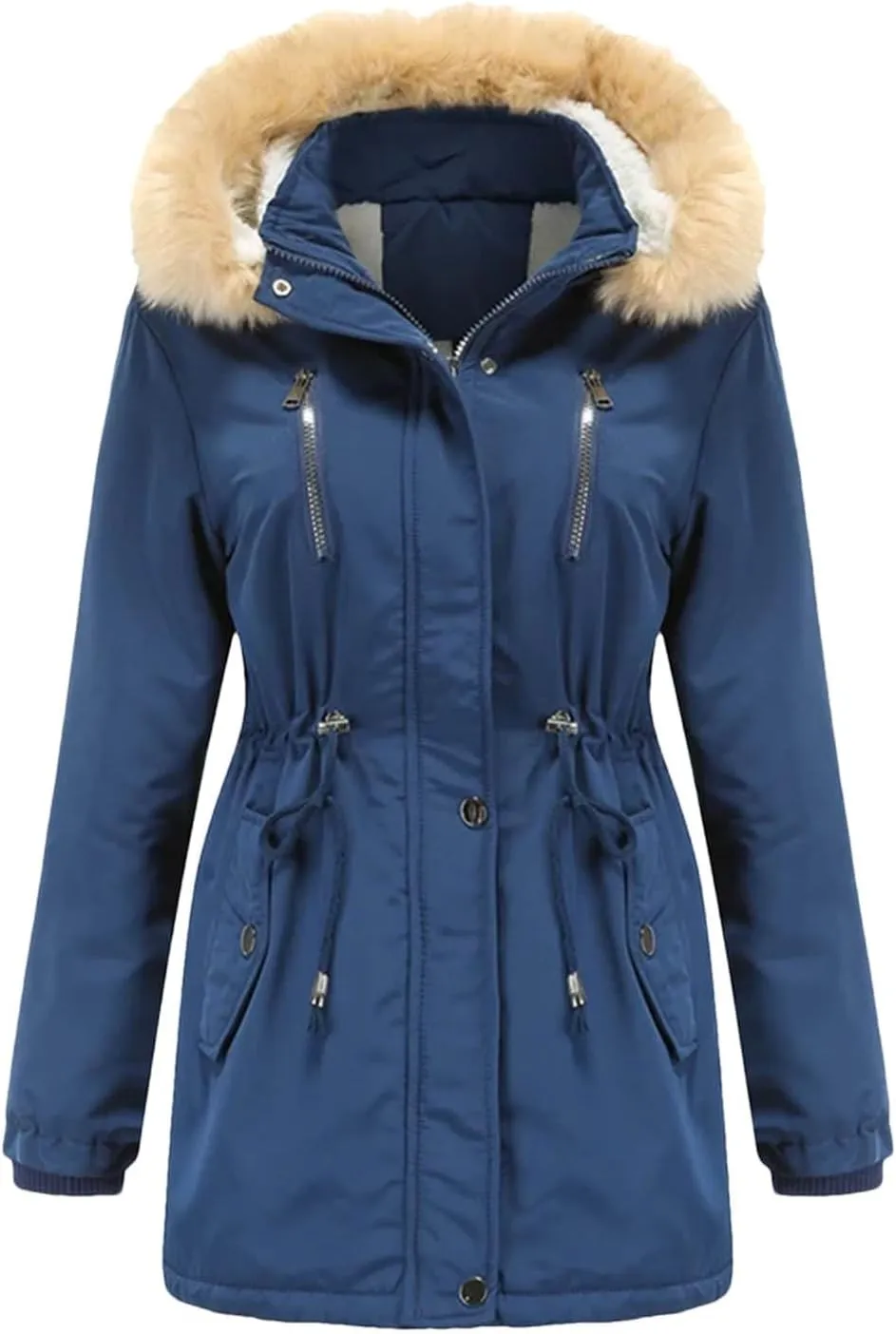 Women Winter Windproof Long Thick Parkas Coat Fluffy Faux Fur Hood With Fleece Outdoor Warm Padded Cotton