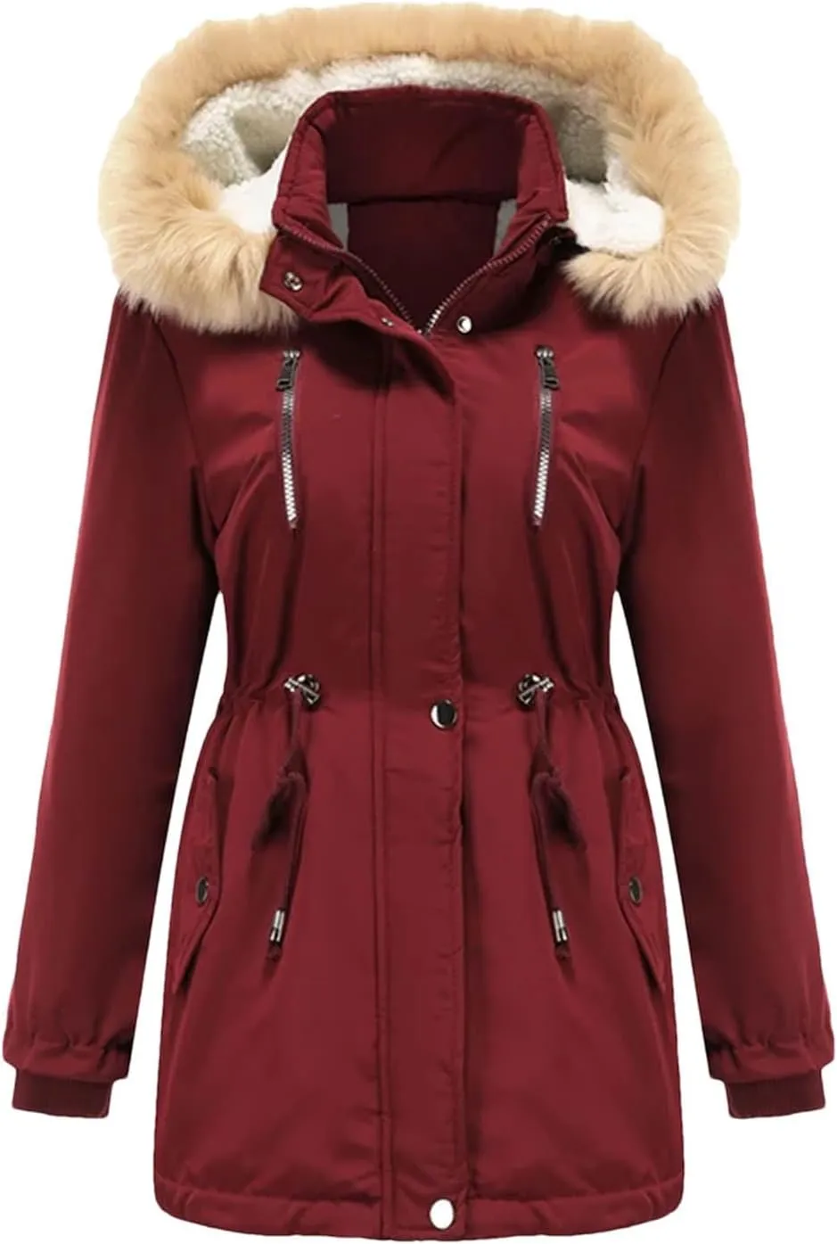 Women Winter Windproof Long Thick Parkas Coat Fluffy Faux Fur Hood With Fleece Outdoor Warm Padded Cotton
