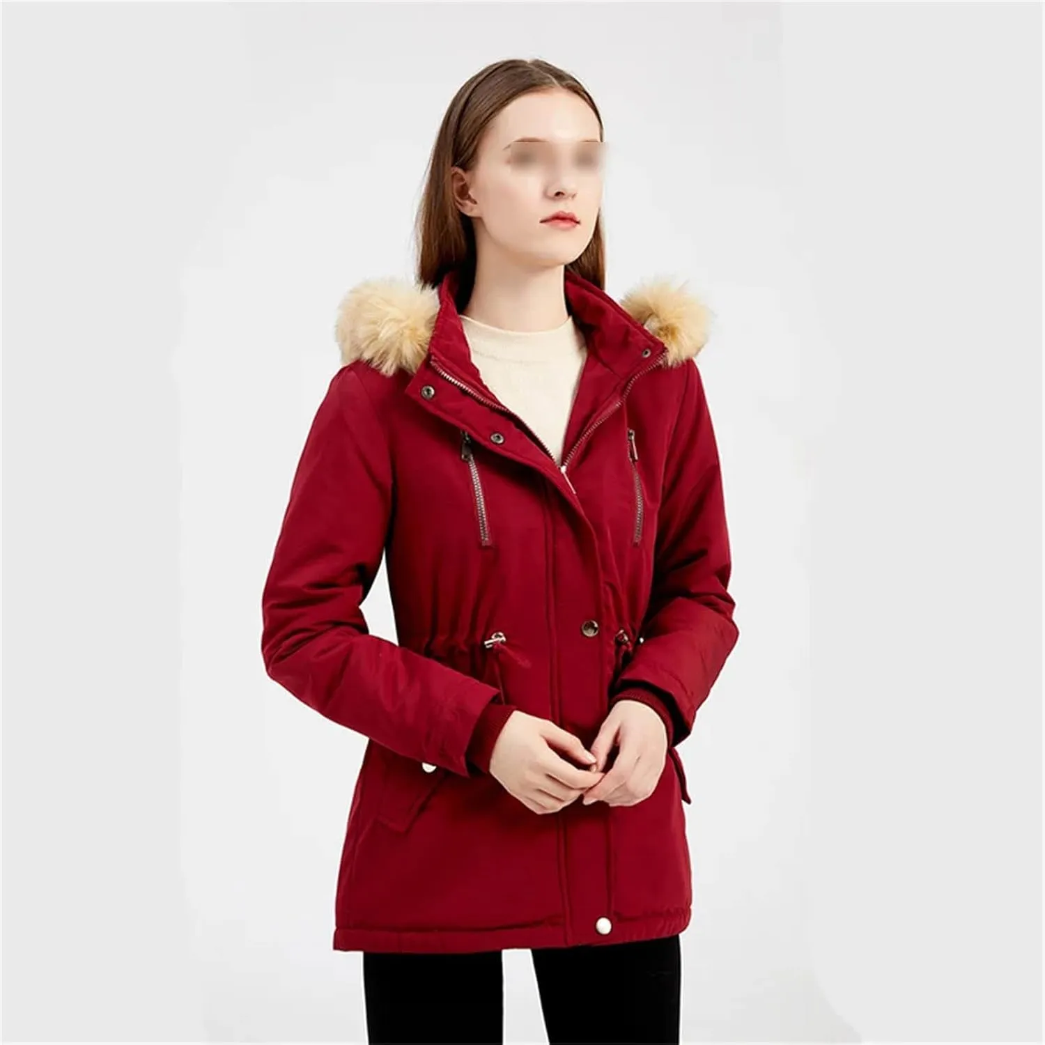 Women Winter Windproof Long Thick Parkas Coat Fluffy Faux Fur Hood With Fleece Outdoor Warm Padded Cotton