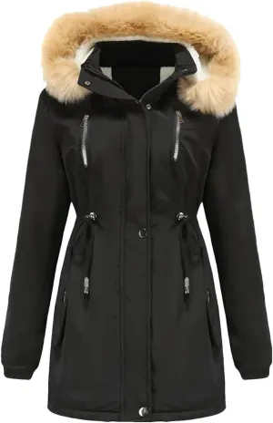 Women Winter Windproof Long Thick Parkas Coat Fluffy Faux Fur Hood With Fleece Outdoor Warm Padded Cotton