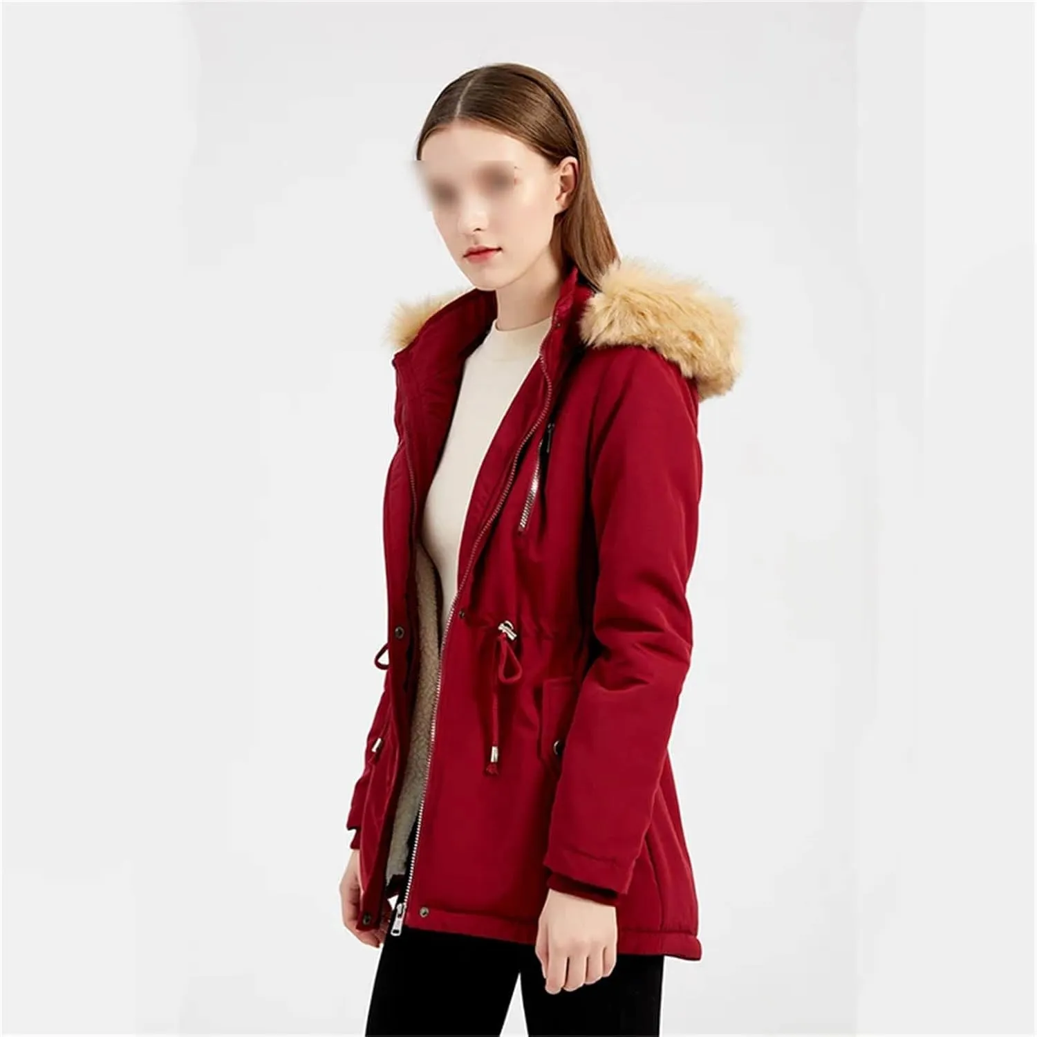 Women Winter Windproof Long Thick Parkas Coat Fluffy Faux Fur Hood With Fleece Outdoor Warm Padded Cotton