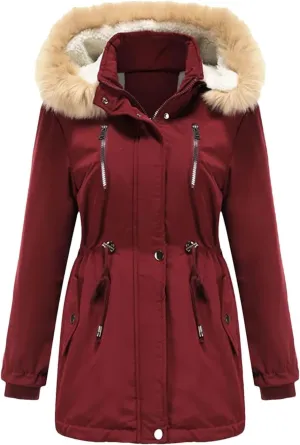 Women Winter Windproof Long Thick Parkas Coat Fluffy Faux Fur Hood With Fleece Outdoor Warm Padded Cotton