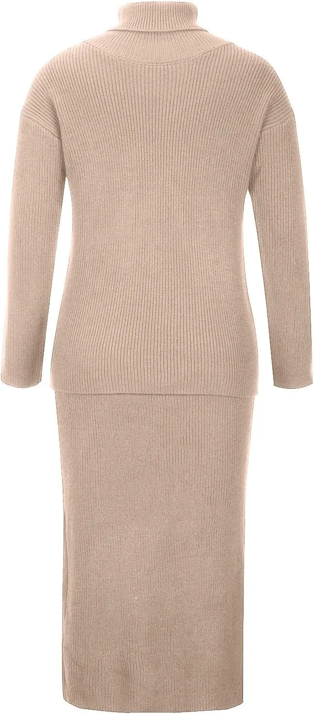 Women's 2 Piece Outfits Ribbed Knit Long Sleeve Oversized Turtleneck Sweater Top and Bodycon Midi Skirt Dress Set
