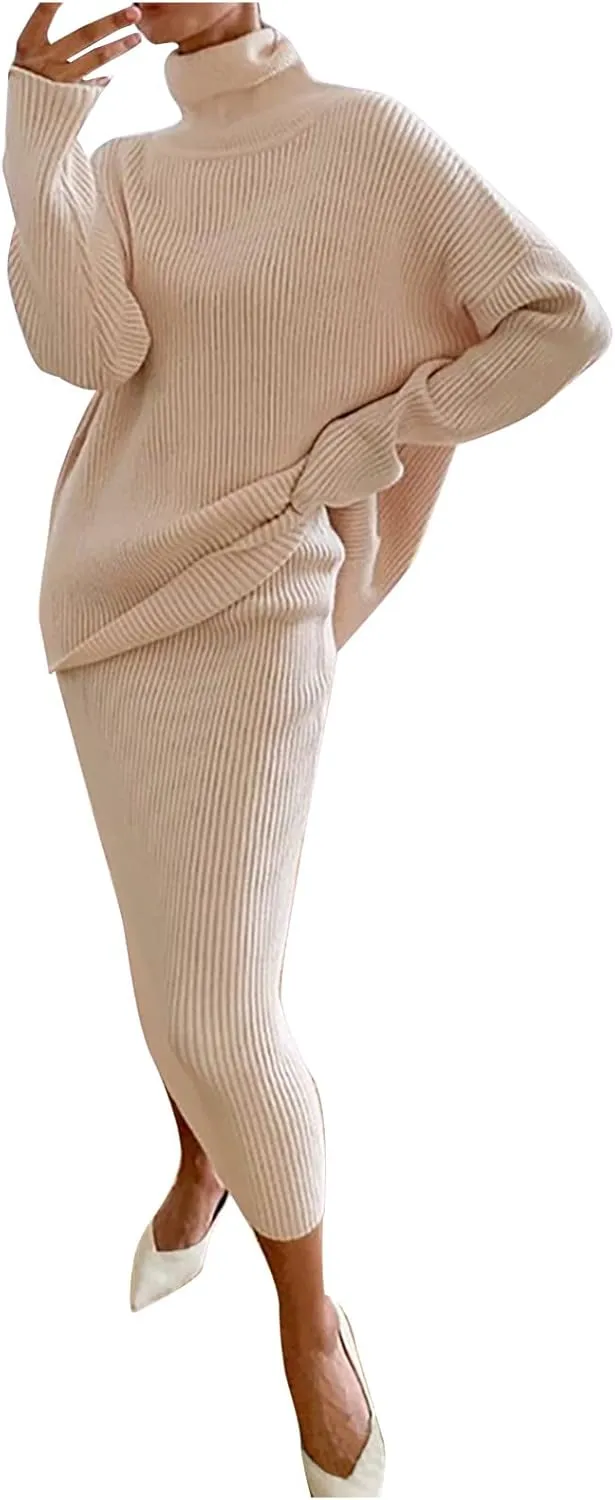 Women's 2 Piece Outfits Ribbed Knit Long Sleeve Oversized Turtleneck Sweater Top and Bodycon Midi Skirt Dress Set
