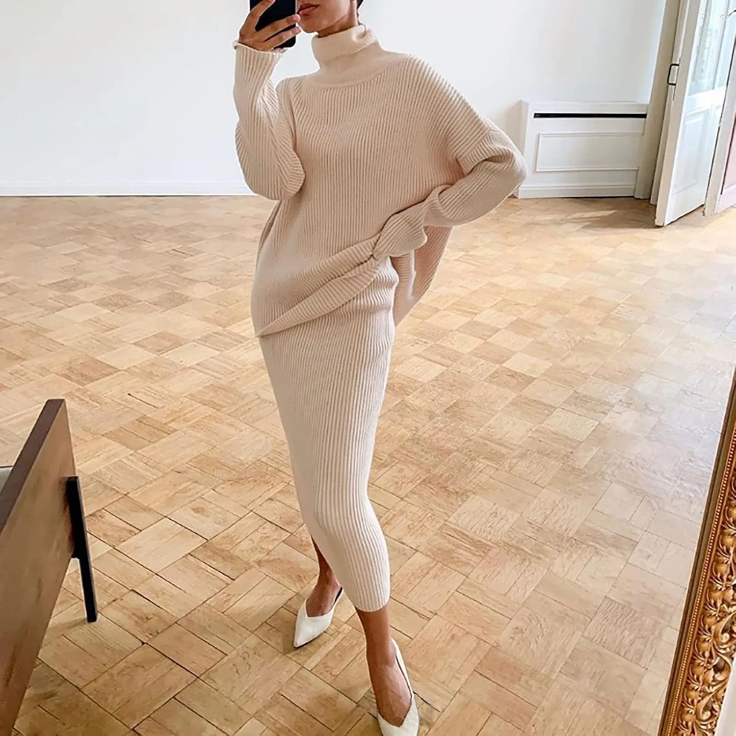 Women's 2 Piece Outfits Ribbed Knit Long Sleeve Oversized Turtleneck Sweater Top and Bodycon Midi Skirt Dress Set