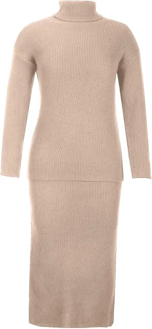 Women's 2 Piece Outfits Ribbed Knit Long Sleeve Oversized Turtleneck Sweater Top and Bodycon Midi Skirt Dress Set