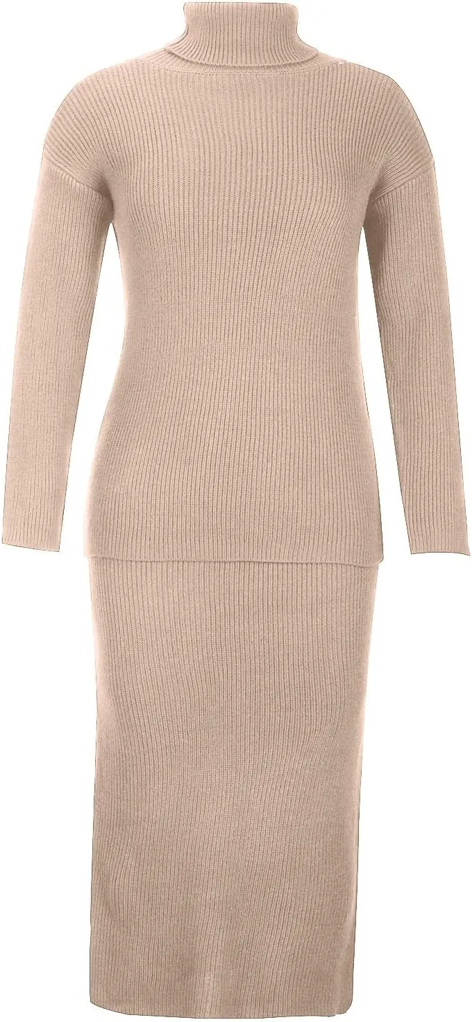 Women's 2 Piece Outfits Ribbed Knit Long Sleeve Oversized Turtleneck Sweater Top and Bodycon Midi Skirt Dress Set