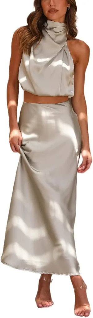 Women's 2 Piece Outfits Satin Summer Sleeveless Mock Neck Crop Tops and Long Skirt Sets Formal Maxi Dress