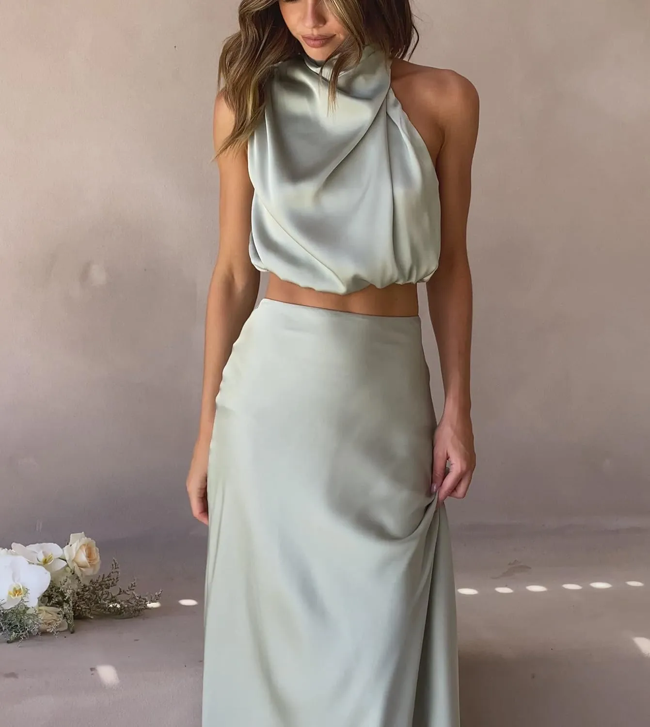 Women's 2 Piece Outfits Satin Summer Sleeveless Mock Neck Crop Tops and Long Skirt Sets Formal Maxi Dress