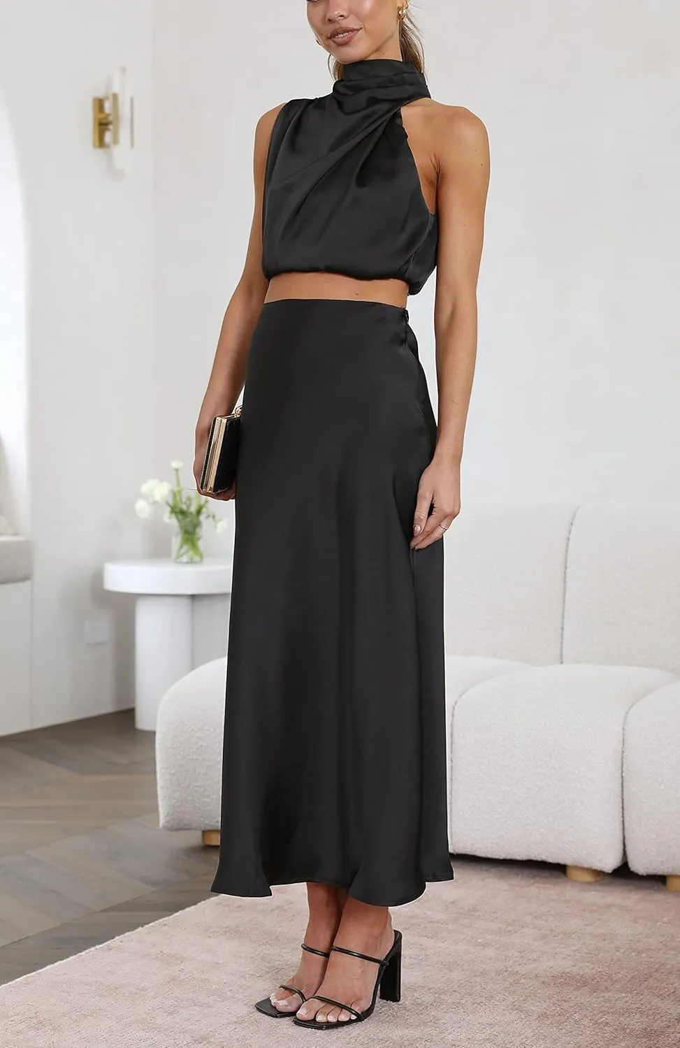 Women's 2 Piece Outfits Satin Summer Sleeveless Mock Neck Crop Tops and Long Skirt Sets Formal Maxi Dress