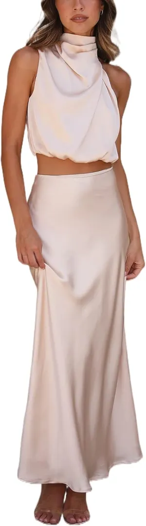 Women's 2 Piece Outfits Satin Summer Sleeveless Mock Neck Crop Tops and Long Skirt Sets Formal Maxi Dress