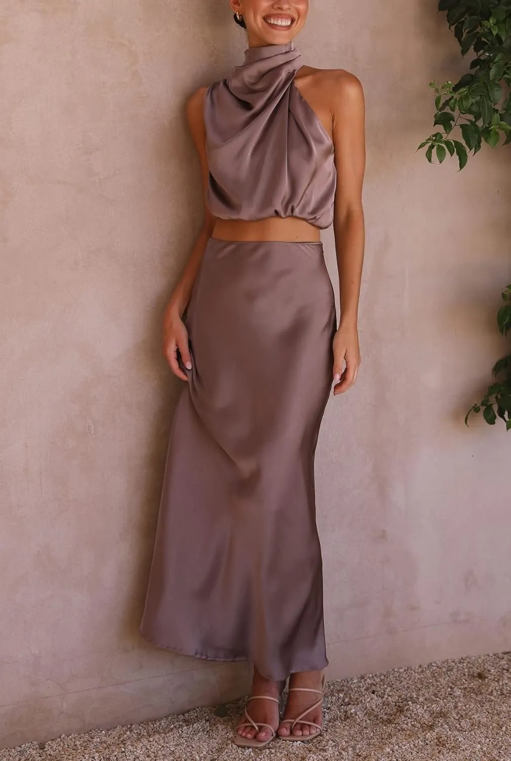 Women's 2 Piece Outfits Satin Summer Sleeveless Mock Neck Crop Tops and Long Skirt Sets Formal Maxi Dress