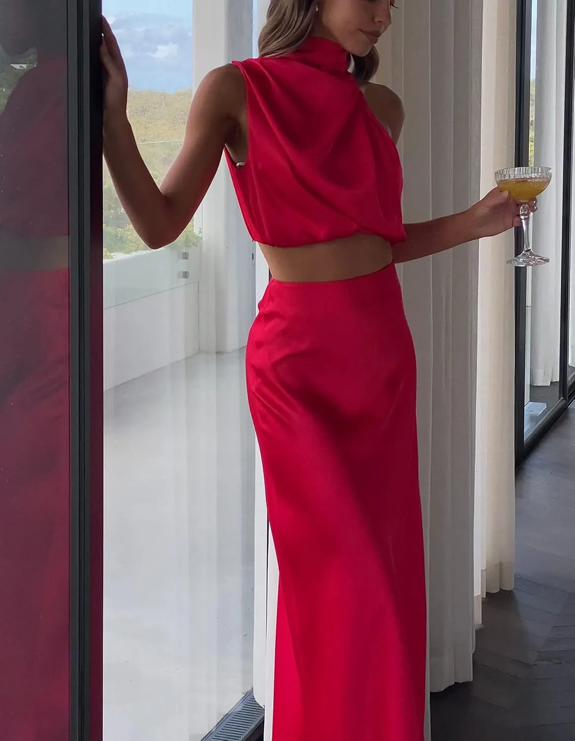 Women's 2 Piece Outfits Satin Summer Sleeveless Mock Neck Crop Tops and Long Skirt Sets Formal Maxi Dress