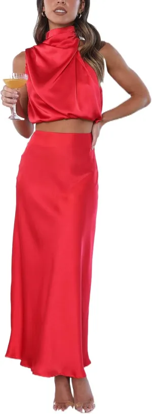 Women's 2 Piece Outfits Satin Summer Sleeveless Mock Neck Crop Tops and Long Skirt Sets Formal Maxi Dress