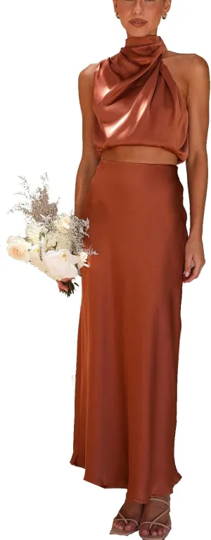 Women's 2 Piece Outfits Satin Summer Sleeveless Mock Neck Crop Tops and Long Skirt Sets Formal Maxi Dress