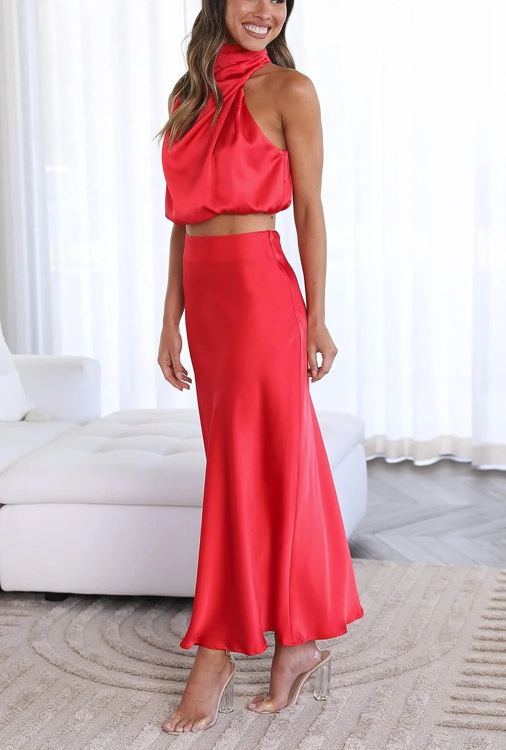 Women's 2 Piece Outfits Satin Summer Sleeveless Mock Neck Crop Tops and Long Skirt Sets Formal Maxi Dress