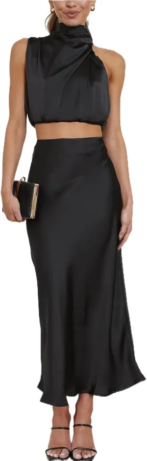 Women's 2 Piece Outfits Satin Summer Sleeveless Mock Neck Crop Tops and Long Skirt Sets Formal Maxi Dress