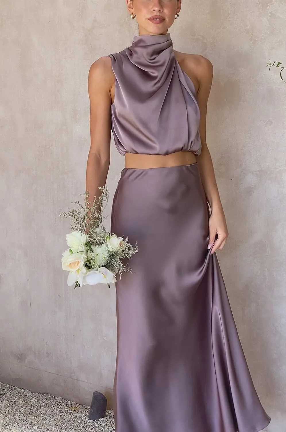 Women's 2 Piece Outfits Satin Summer Sleeveless Mock Neck Crop Tops and Long Skirt Sets Formal Maxi Dress