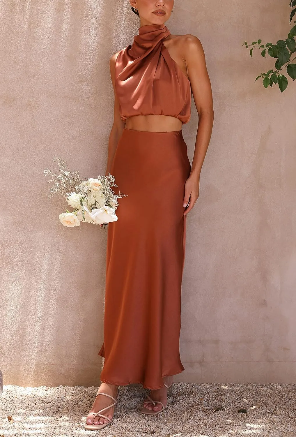 Women's 2 Piece Outfits Satin Summer Sleeveless Mock Neck Crop Tops and Long Skirt Sets Formal Maxi Dress