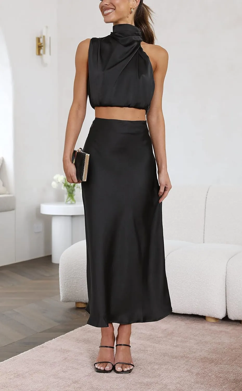 Women's 2 Piece Outfits Satin Summer Sleeveless Mock Neck Crop Tops and Long Skirt Sets Formal Maxi Dress