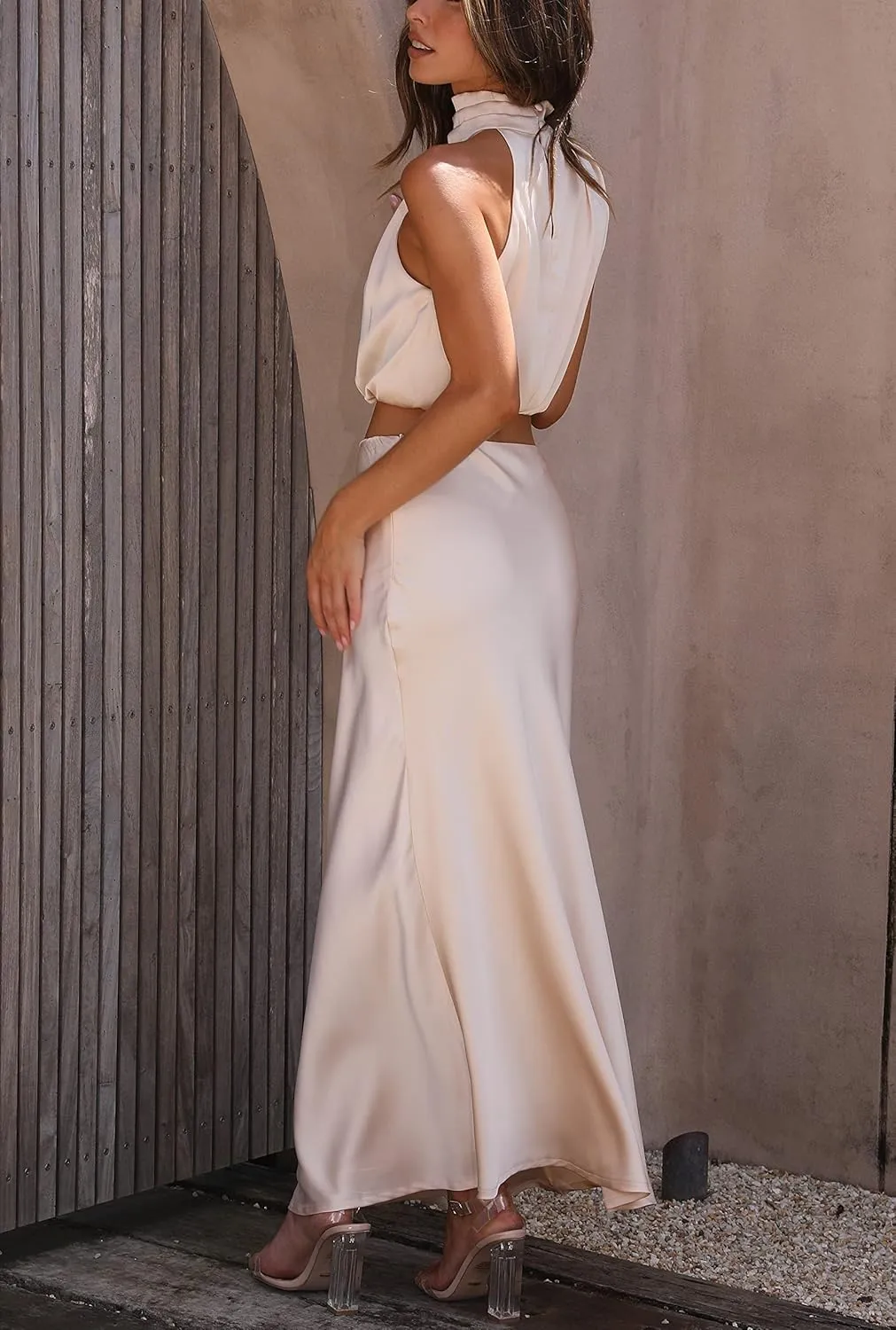 Women's 2 Piece Outfits Satin Summer Sleeveless Mock Neck Crop Tops and Long Skirt Sets Formal Maxi Dress