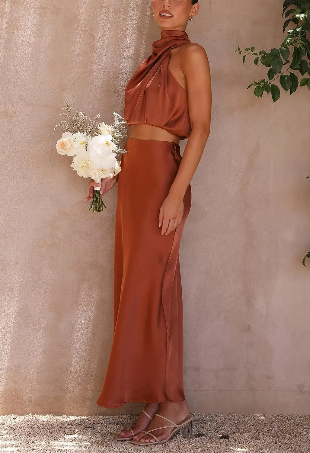 Women's 2 Piece Outfits Satin Summer Sleeveless Mock Neck Crop Tops and Long Skirt Sets Formal Maxi Dress