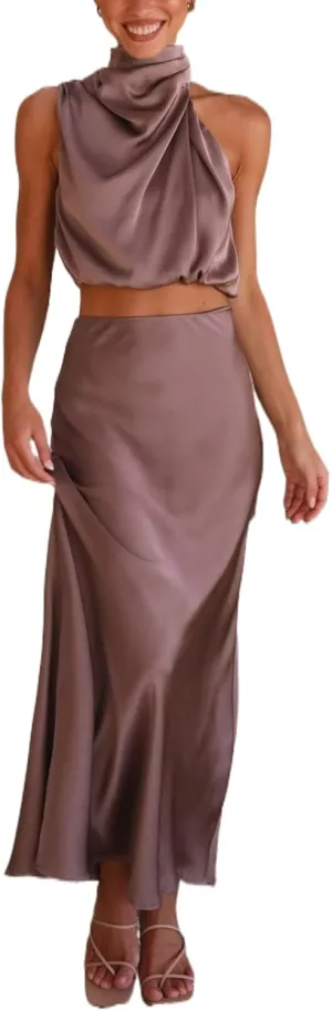 Women's 2 Piece Outfits Satin Summer Sleeveless Mock Neck Crop Tops and Long Skirt Sets Formal Maxi Dress