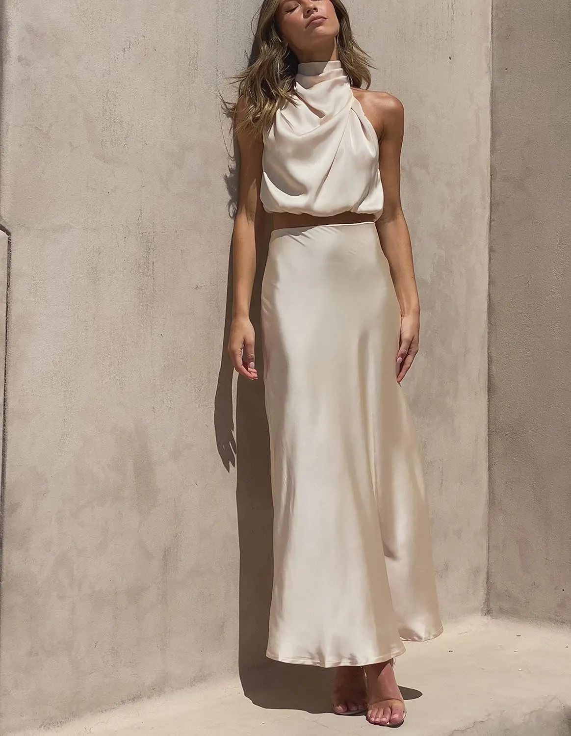 Women's 2 Piece Outfits Satin Summer Sleeveless Mock Neck Crop Tops and Long Skirt Sets Formal Maxi Dress