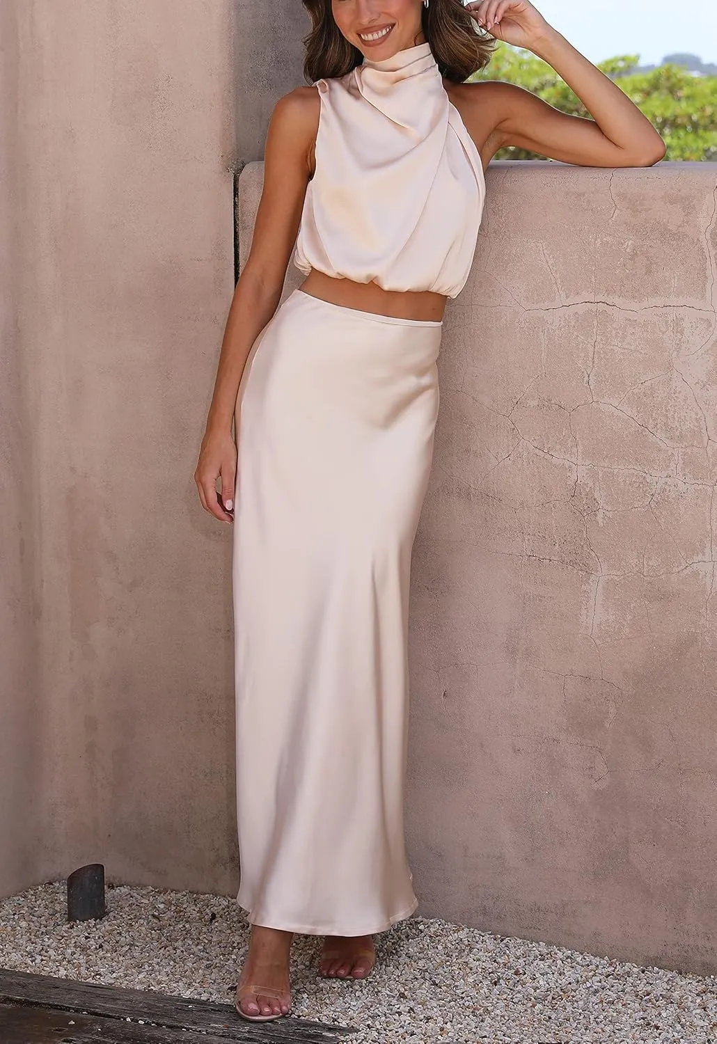Women's 2 Piece Outfits Satin Summer Sleeveless Mock Neck Crop Tops and Long Skirt Sets Formal Maxi Dress