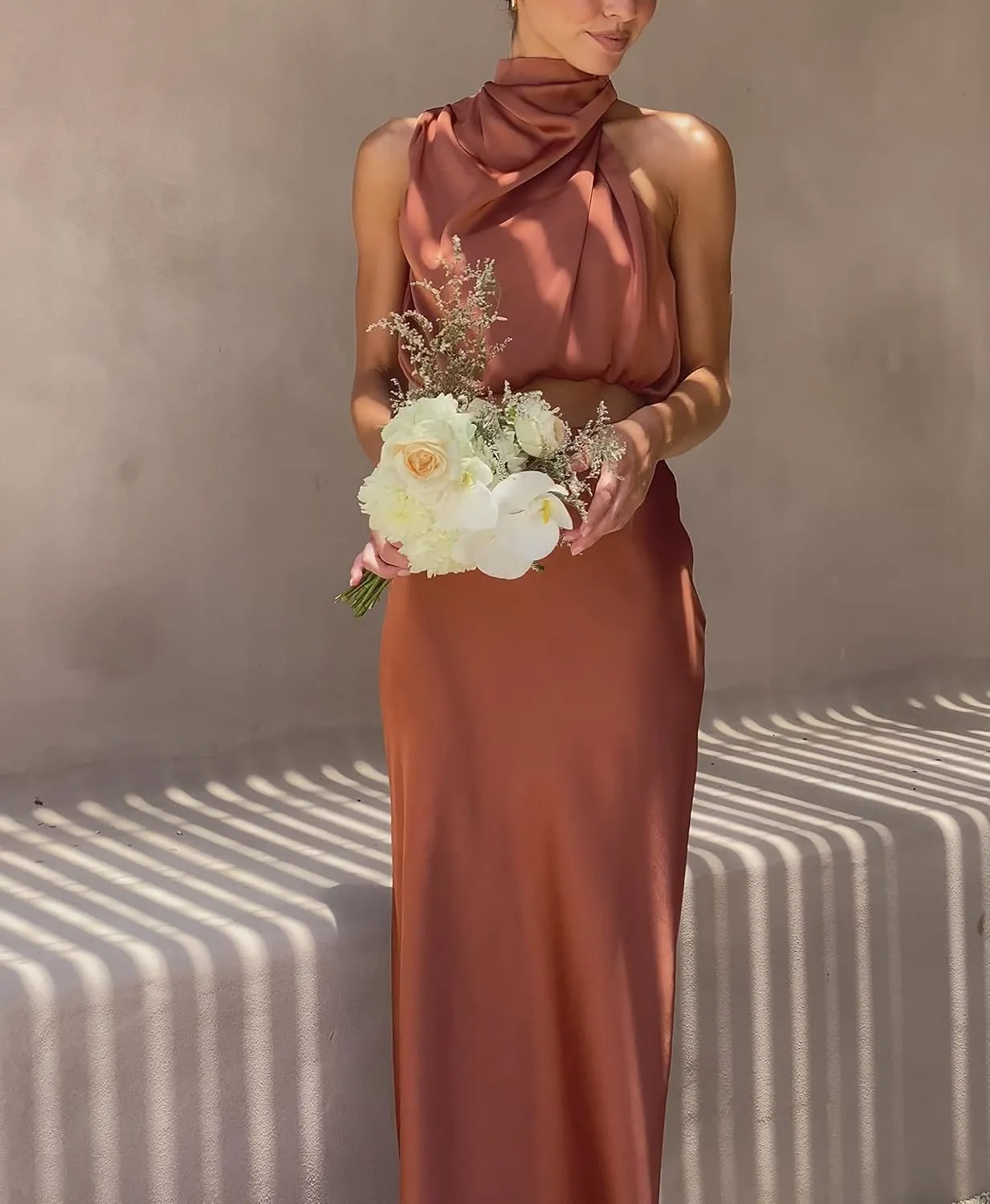 Women's 2 Piece Outfits Satin Summer Sleeveless Mock Neck Crop Tops and Long Skirt Sets Formal Maxi Dress