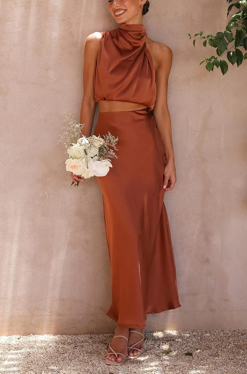 Women's 2 Piece Outfits Satin Summer Sleeveless Mock Neck Crop Tops and Long Skirt Sets Formal Maxi Dress